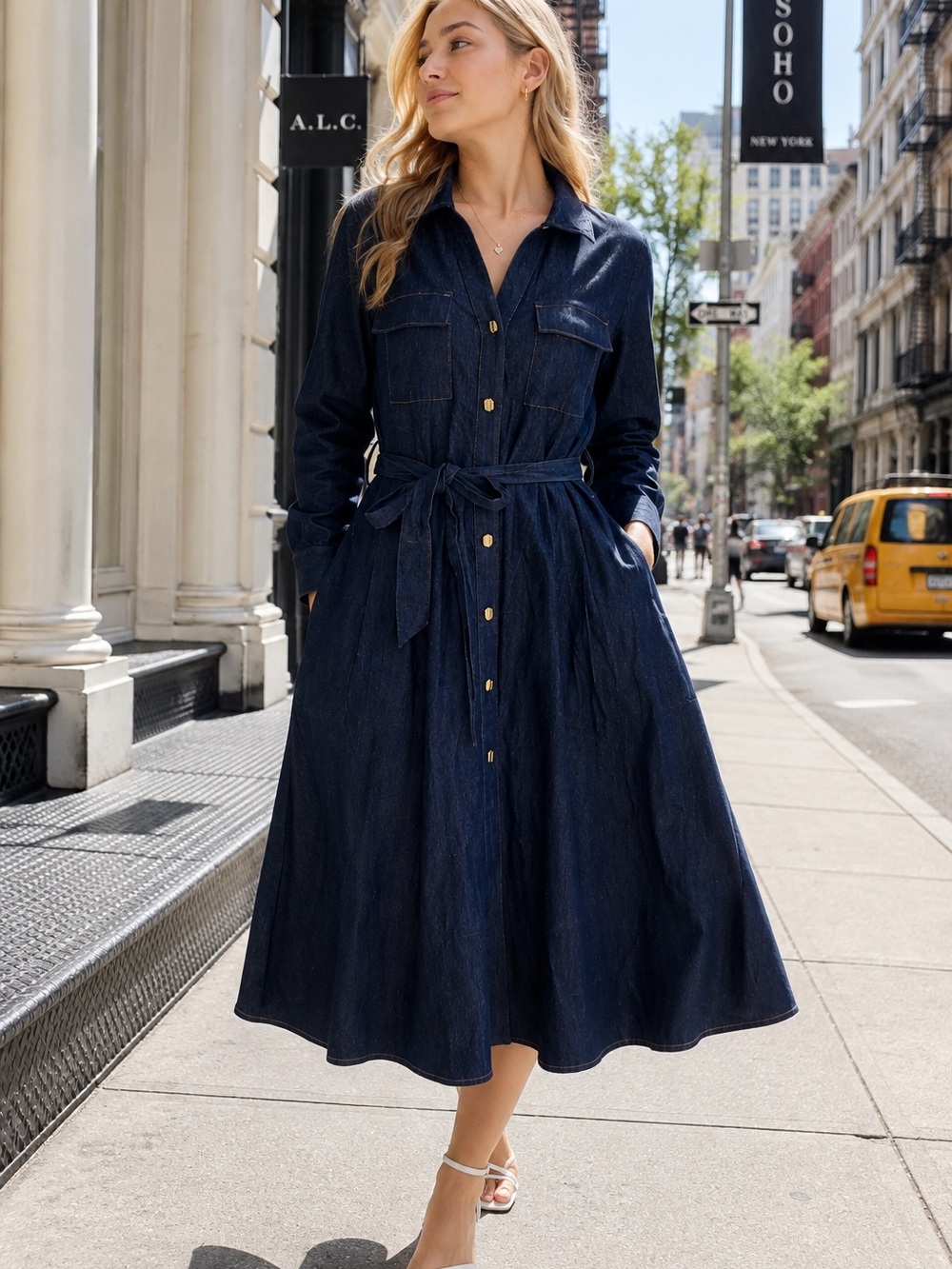 Urban Revivo Dark Indigo Denim Belted Midi Shirt Dress US 8 NWT